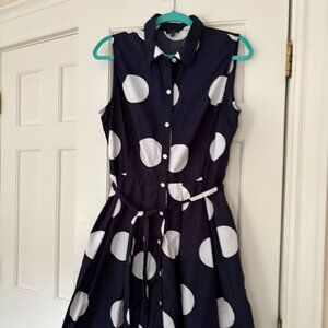 Blue with white polka fit and flare style dress - size 14P